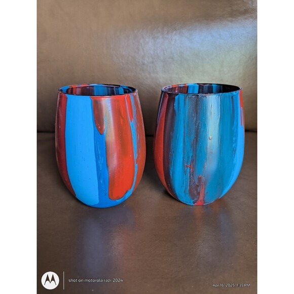 Set of 2 Tie Dye Wine Glasses Art Deco - Picture 2 of 5